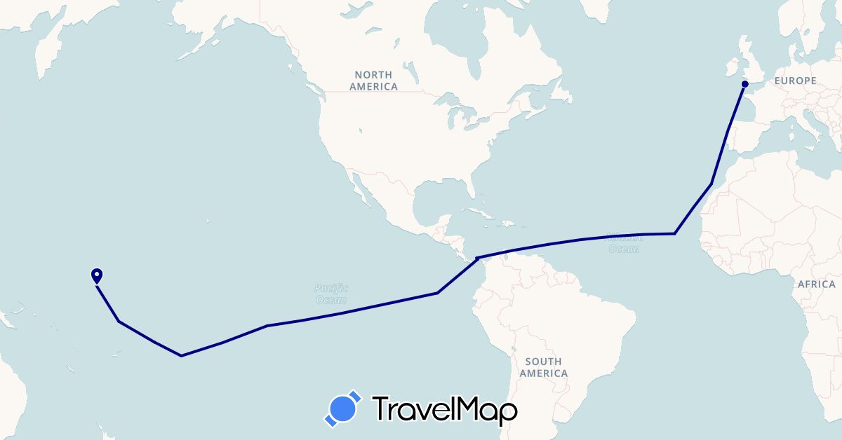 TravelMap itinerary: driving in Barbados, Cook Islands, Cape Verde, Ecuador, Spain, France, United Kingdom, Kiribati, Panama, Tuvalu, United States (Africa, Europe, North America, Oceania, South America)